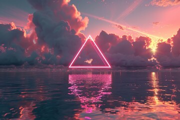 Wall Mural - single neon triangle on water with clouds