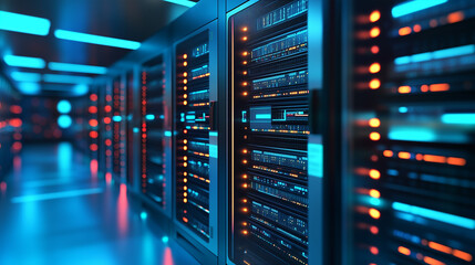 Fototapete - A close up 3D render of rows of server suits in a futuristic data center interior, highlighting the concept of cyber security technology and cloud computing. This abstract digital background showcases