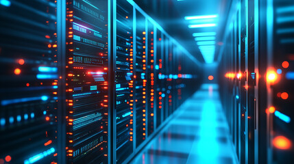 Fototapete - A close up 3D render of rows of server suits in a futuristic data center interior, highlighting the concept of cyber security technology and cloud computing. This abstract digital background showcases