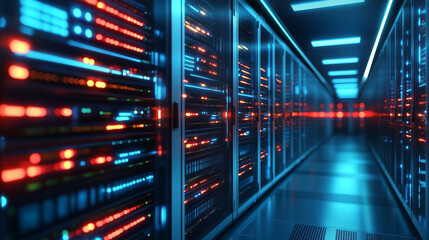 Fototapete - A close up 3D render of rows of server suits in a futuristic data center interior, highlighting the concept of cyber security technology and cloud computing. This abstract digital background showcases