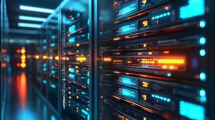 Fototapete - A close up 3D render of rows of server suits in a futuristic data center interior, highlighting the concept of cyber security technology and cloud computing. This abstract digital background showcases