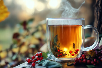 Canvas Print - Herbal Tea With Autumn Berries in a Serene Setting  