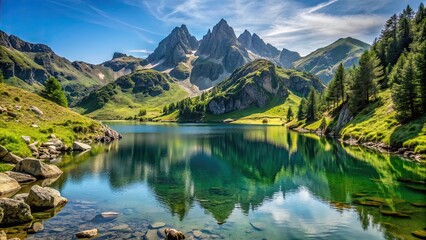 Wall Mural - Beautiful mountain lake surrounded by lush greenery and rocky peaks in the Pyr?n?es of France , Lac d'O?, Pyr?n?es, France