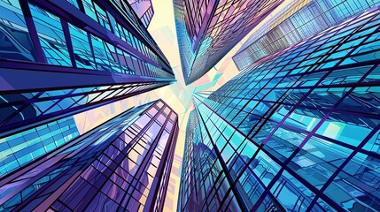 Canvas Print - Skyscrapers abstract background, geometric pattern of towers, perspective graphic painting of buildings - Architectural illustration for financial, corporate and business brochure template