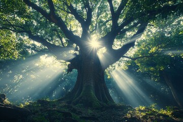 Wall Mural - Majestätischer Baum im Wald mit Sonnenstrahlen