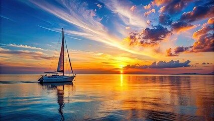 Wall Mural - Serene sailboat on ocean at sunset with vibrant skies and sun reflecting on water , sailboat, ocean, sunset, serene