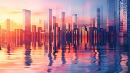 Sticker - Skyscrapers at sunset, graphic perspective of buildings and reflections on water - Abstract architectural background for financial, corporate and business brochure template