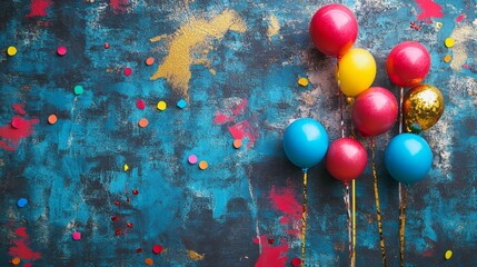 Sticker - Colorful Balloons on a Blue Background with Confetti - A collection of colorful balloons, including red, yellow, blue, and gold, are arranged against a textured blue background. Confetti adds to the f