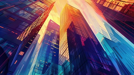 Sticker - Skyscrapers background at sunset or sunrise, geometric pattern of towers, perspective graphic painting of buildings - Architectural illustration for financial, corporate and business brochure template