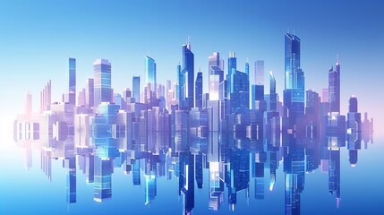 Wall Mural - Skyscrapers of a smart city at sunrise, futuristic financial district, graphic perspective of buildings and reflections - Architectural blue background for corporate and business brochure template