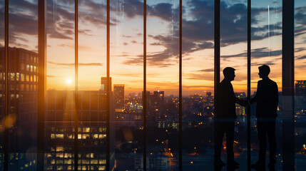 Businessmen handshaking in highrise office urban city view