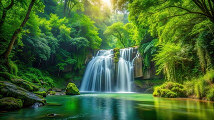 Sticker - Scenic waterfall in the lush green forest, waterfall, nature, landscape, scenic, peaceful, environment, outdoor, cascade