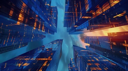 Wall Mural - Skyscrapers of a smart city at sunset, futuristic financial district, graphic perspective of buildings and reflections - Architectural blue background for corporate and business brochure template