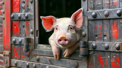 Wall Mural - Pig looking out of the window from an old truck. pink pig with red ears 