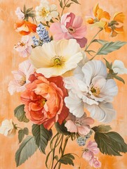 Wall Mural - Delicate Peach and Cream Floral Bouquet - A delicate bouquet of peach, cream, and white flowers with green leaves on a peach background. The flowers symbolize beauty, fragility, love, and nature.