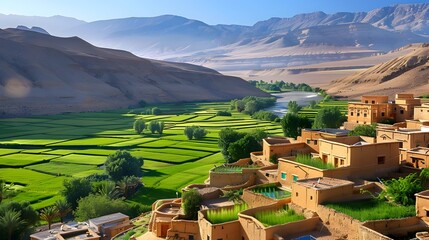 Canvas Print - Mud-brick village nestled in a lush valley.