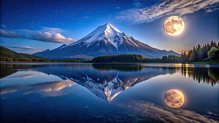 Poster - Moonlit mountain reflecting in tranquil waters at midnight, moonlit, mountain, reflection, tranquility, night, serene, peaceful, lake