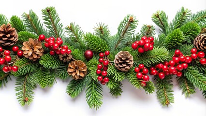 Poster - Festive evergreen garland with red berries and pine cones perfect for holiday decorations , Christmas, wreath, greenery