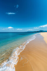 Poster - A pristine beach with golden sand and clear blue water under a sunny sky, perfect for a peaceful beach day.