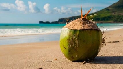 Close up view of a fresh coconut with a beautiful beach landscape during summer