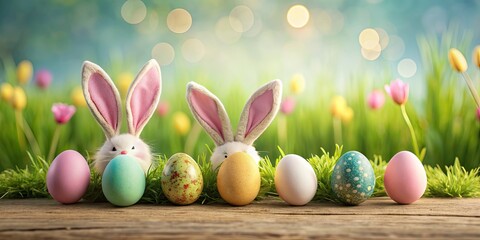 Poster - Inviting Easter scene with beautifully crafted eggs and bunny ears , Easter, hunt, festive, eggs, bunny, ears, warm, season