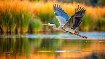 Wall Mural - Graceful heron flying over tranquil wetland, capturing wildlife and nature's serenity, heron, flying, wetland, wildlife, nature