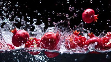 Wall Mural - Pomegranate seeds falling into water creating splashes. 