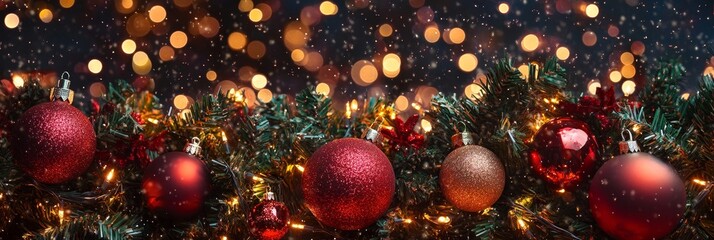 Poster - Festive Christmas Ornaments with Sparkling Lights and Snowfall - A close-up of red and gold Christmas ornaments adorned with twinkling lights and falling snow, representing holiday cheer, celebration,