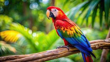 Wall Mural - Exotic macaw bird with vibrant plumage perched on a tree branch, macaw, bird, exotic, colorful, vibrant, tropical