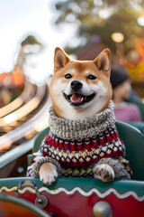 Wall Mural - portrait photo of an happy shiba inu wearing sweater. sitting on the front seat of rollercoaster at theme park 