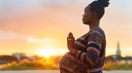 Wall Mural - Pregnant woman in bohemian dress doing yoga in urban park at twilight 