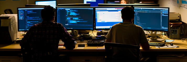 Wall Mural - professional technical security researchers are standing in front of a computer screen at an office desk and talking to each other 