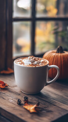 Wall Mural - Cozy Pumpkin Spice Latte on Rustic Table in Autumn Setting  