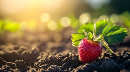 Canvas Print - Fresh Strawberry Growing in Soil with Sunlight - A single, ripe strawberry growing on a vine in rich soil. The sun shines brightly in the background, symbolizing freshness, growth, and the bounty of n