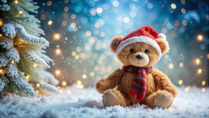 Canvas Print - Festive teddy bear in a winter wonderland setting, teddy bear, holiday, Christmas, snow, winter, decoration, festive, cozy, cute