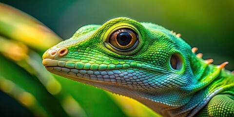 Canvas Print - Close up of a green lizard with scales and vibrant colors, lizard, green, reptile, close up, scales, vibrant, wildlife, animal