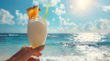 Fresh pineapple juice drink with fruit at sandy beach with blue sea and bright sun