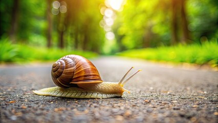 close-up of a brown snail crawling on an asphalt road in a green park background, snail, brown, craw