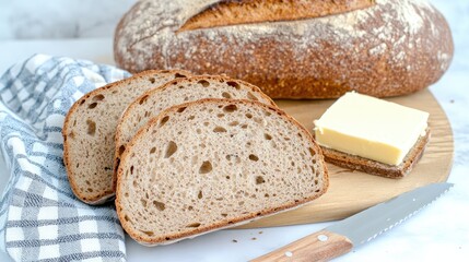 Slices of crusty bread topped with rich butter are displayed alongside fresh herbs on a checkered cloth in a well-lit setting