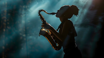 woman while Looking up, silhouette costume style of American folk, playing solo Musical instrument likes a saxophone , on a tone of dark background, on a stage