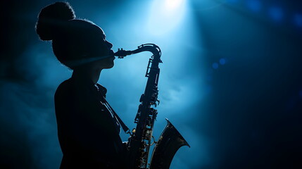 woman while Looking up, silhouette costume style of American folk, playing solo Musical instrument likes a saxophone , on a tone of dark background, on a stage