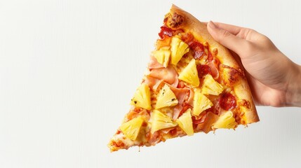 Wall Mural - slice of fresh pineapple pizza closeup view