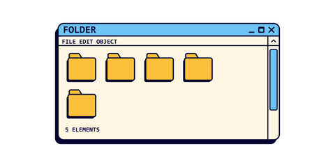 Retro file system program in blue colors. Set of folders in old style. Vintage user interface for desktop.