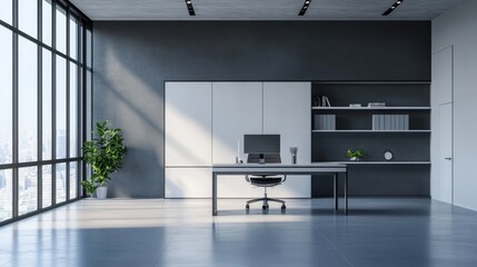 Canvas Print - Modern Minimalist Office Workspace with City View - A contemporary office space with sleek furniture, a minimalist design, and a large window overlooking a city skyline. The image symbolizes professio