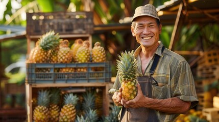 Portrait of a smiling male farmer with fresh pineapple