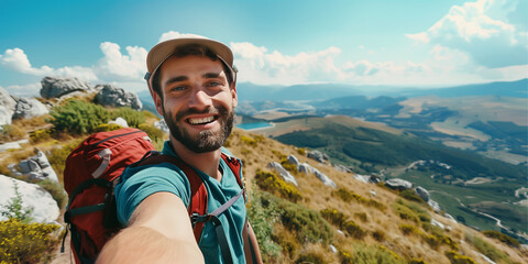 A young traveler taking a selfie photo from the top of a mountain, dressed in hiking clothes and hat