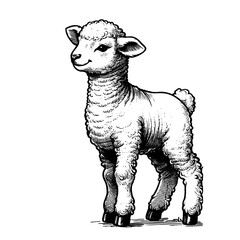 Wall Mural - A cute lamb stands in front of a white background. The lamb is the main focus of the image, and it is looking up at the viewer. The image has a warm and inviting mood