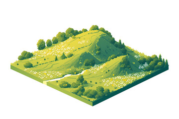 isometric terrain of green rolling hills with trees and grass. illustration isolated on transparent 