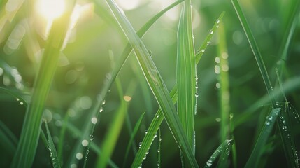 Poster - Close-up of tall grass with morning dew, bathed in soft sunlight, evoking a serene and peaceful natural ambiance.