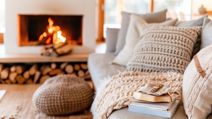 Wall Mural -   A cozy living space boasts a fireplace, couch, and book on top of a pile of books on the floor